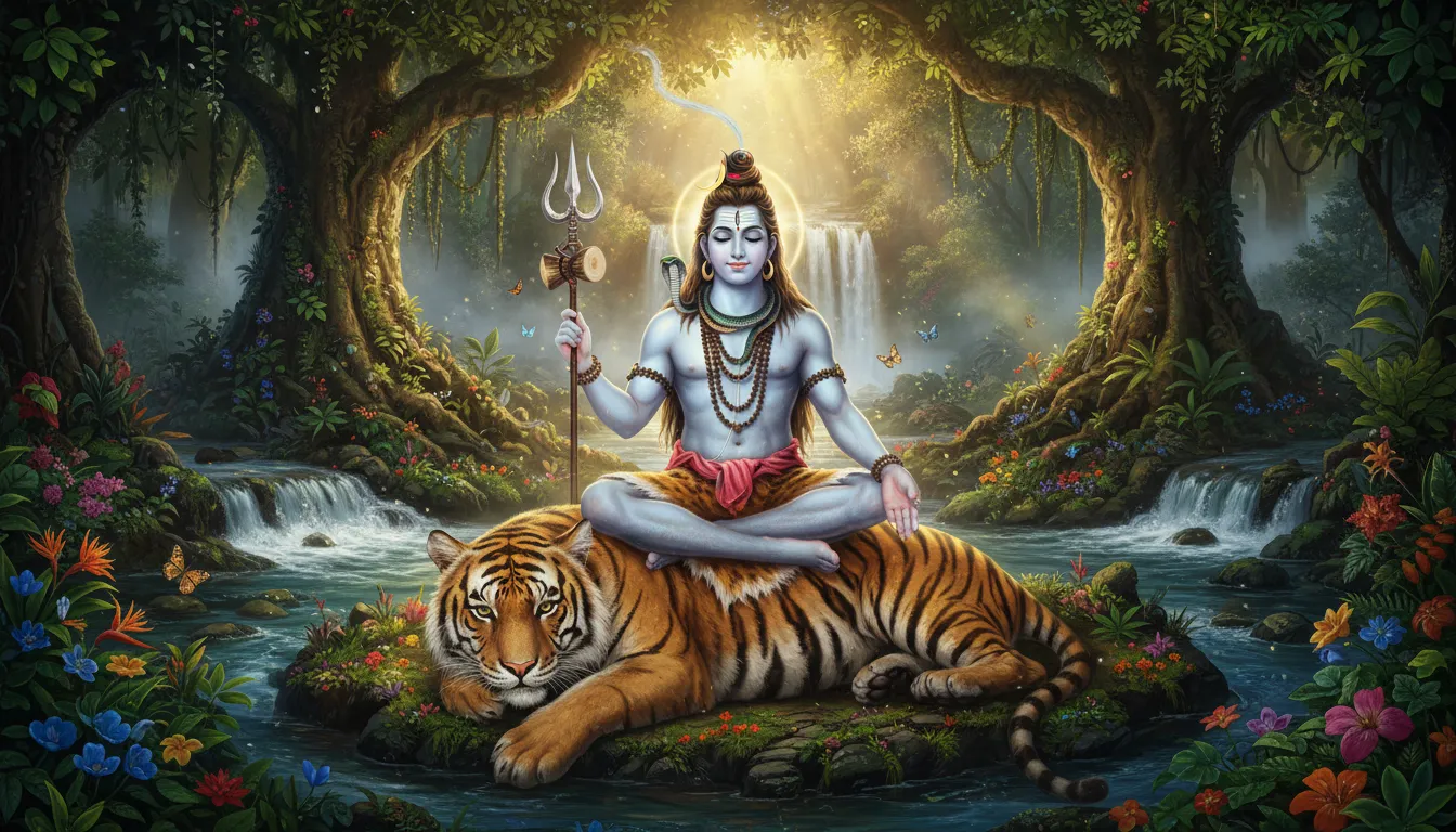 Lord Shiva sitting on tiger surrounded by vibrant green layered landscape