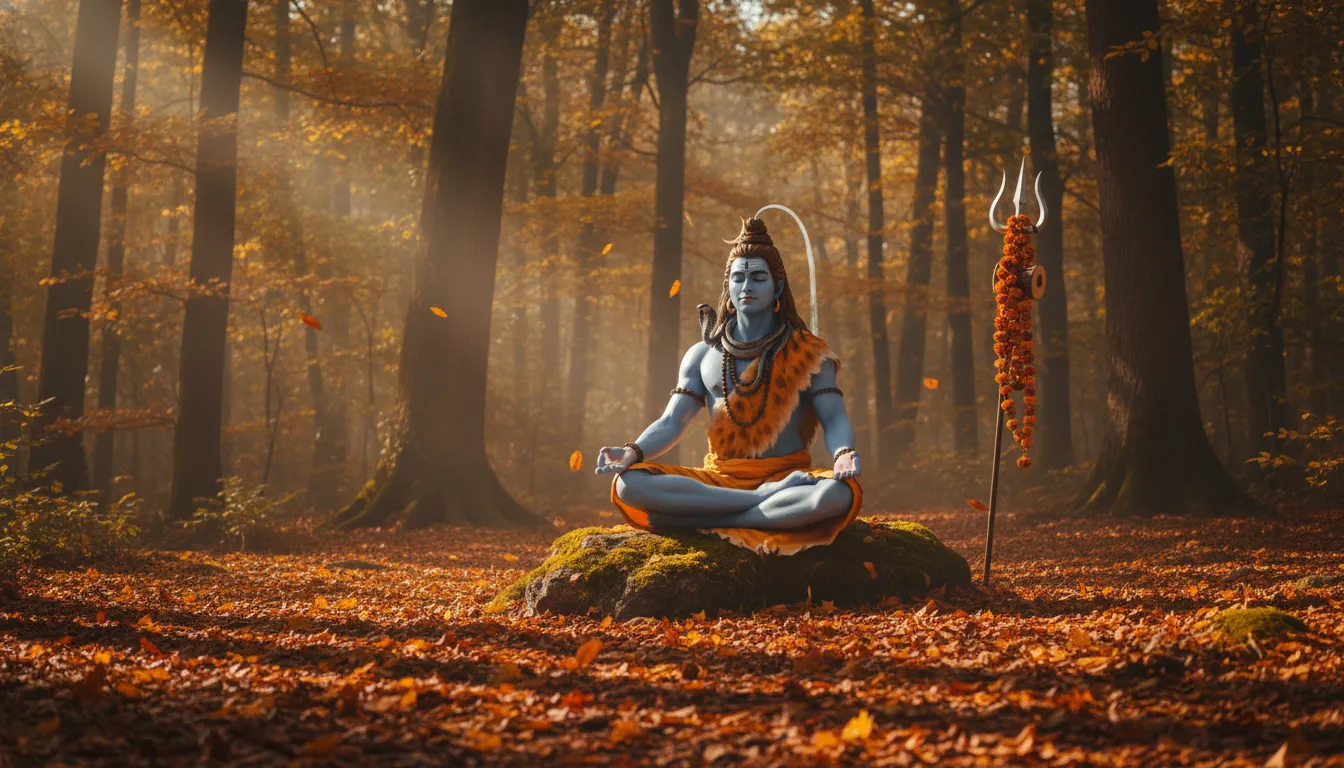 Shiva sitting on ground covered with autumn leaves holding trident in forest