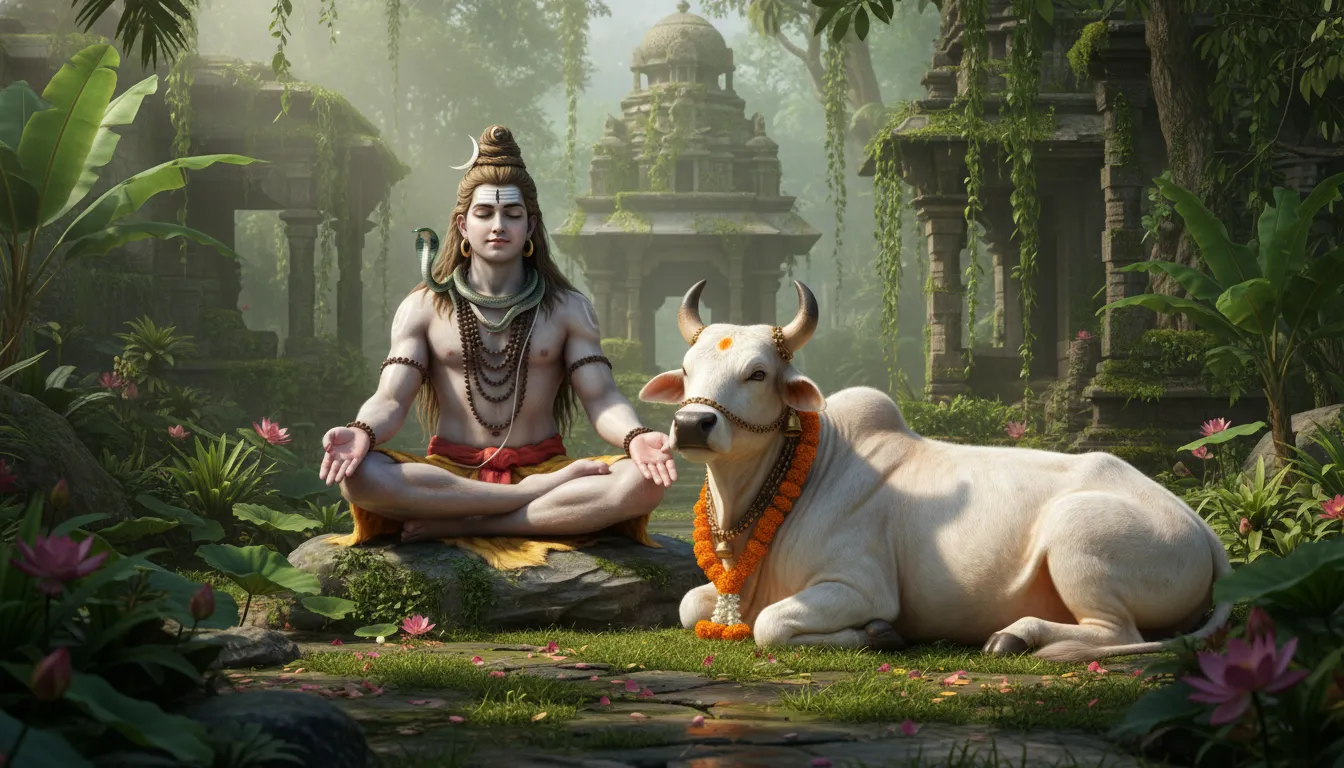 Lord Shiva sitting with his vahan Nandi bull in 1080p resolution.