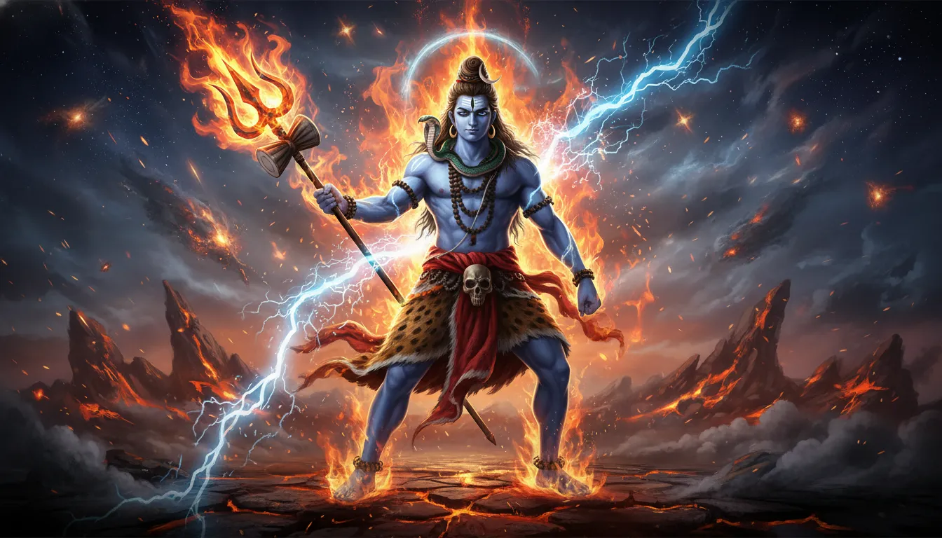 Shiva holding trident with fire elements and glowing background energy