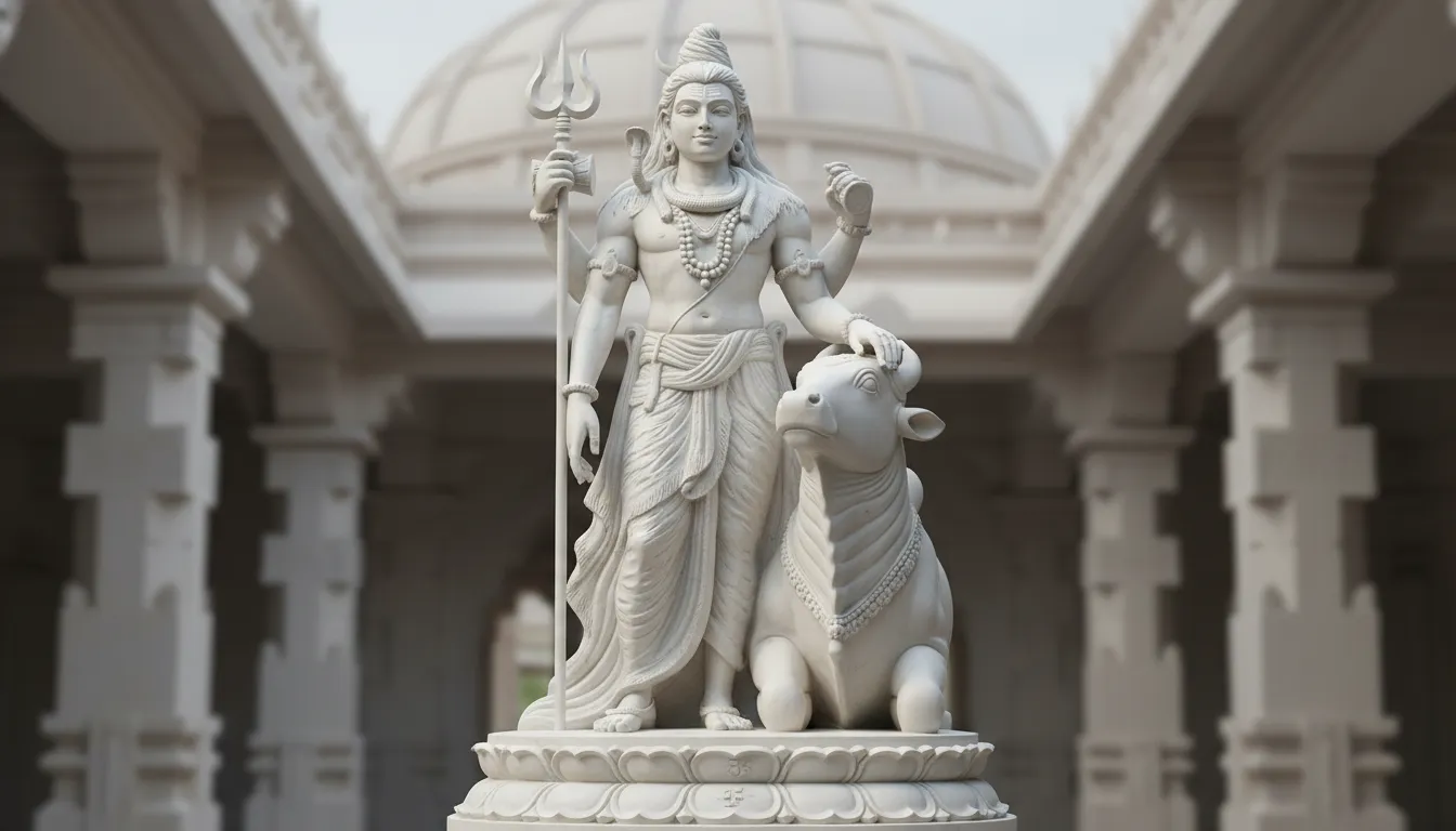 white marble Lord Shiva statue with Nandi bull spiritual sculpture