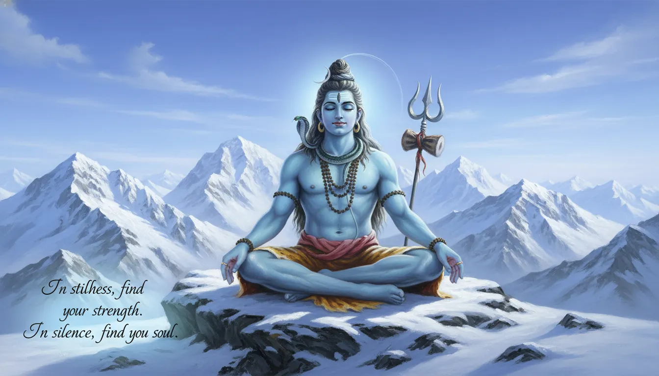 A serene painting of Lord Shiva in deep meditation on a snow-covered Mount Kailash.