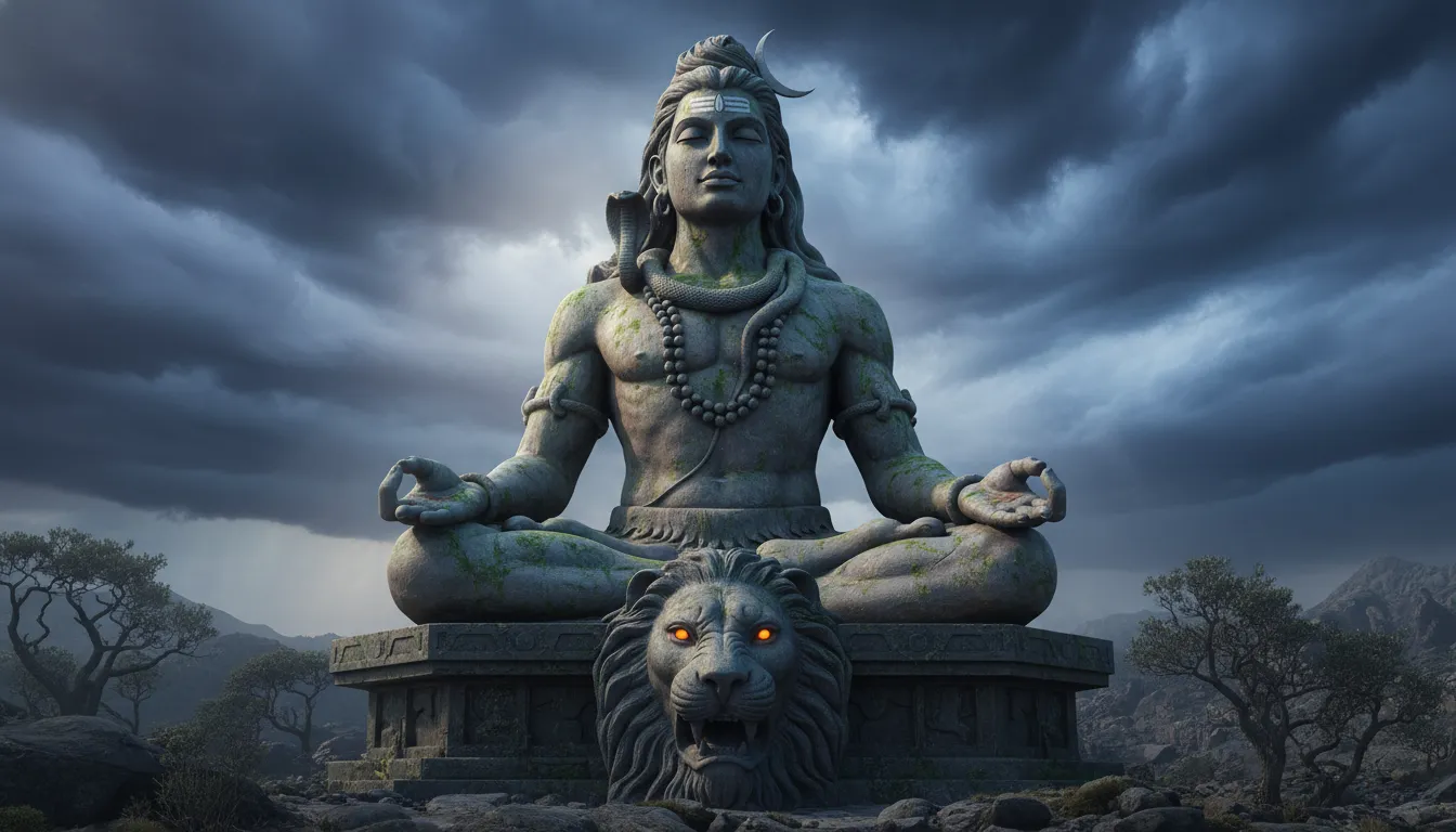 A large Lord Shiva statue sitting in meditation beneath dramatic cloudy skies with a lion face sculpture below.