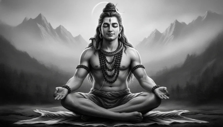 A high-definition black and white close-up of Lord Shiva in deep meditation with closed eyes.