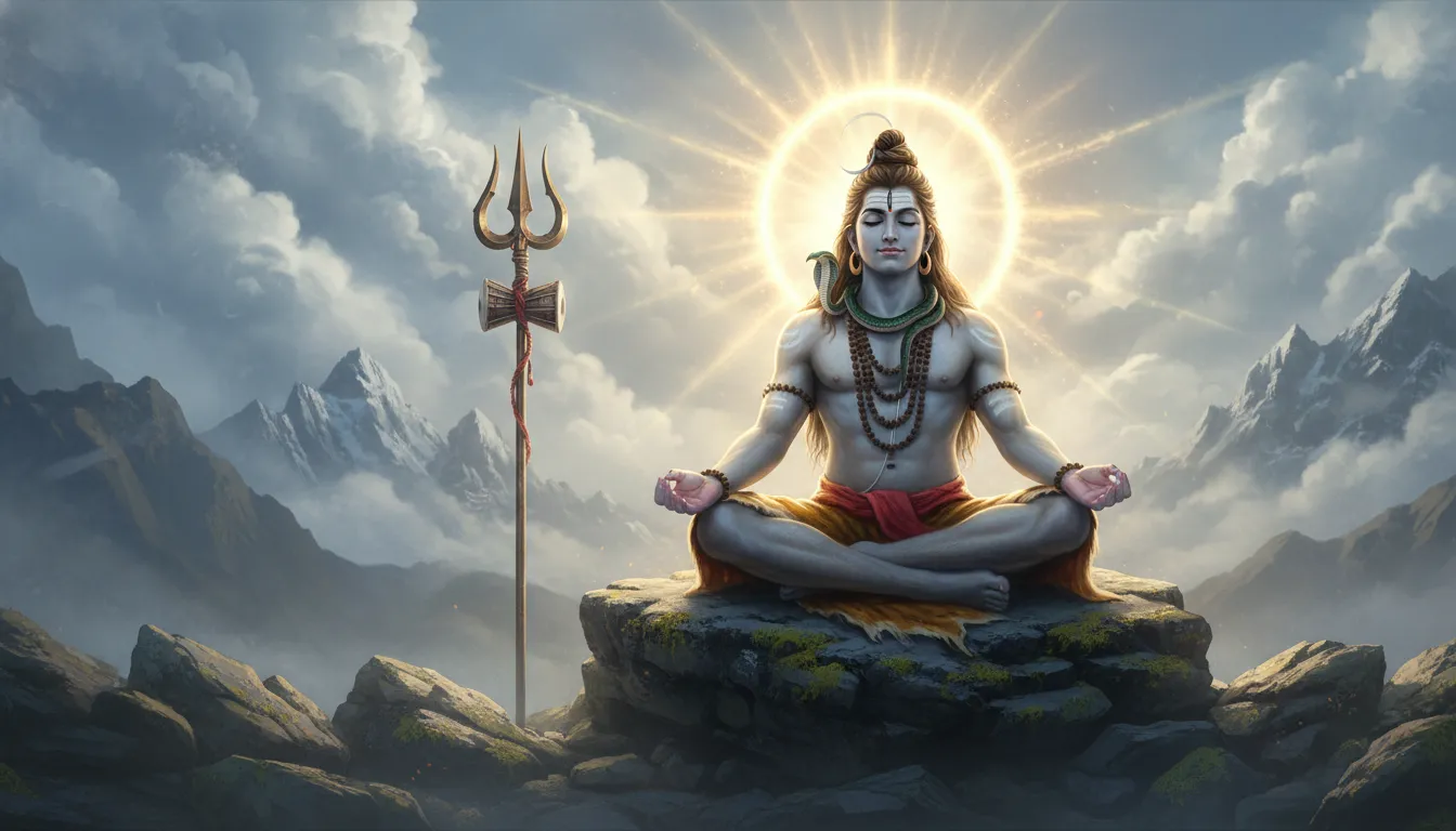 Lord Shiva sitting in meditation on a rock with a trident and glowing circular aura behind him in a misty mountain scene.