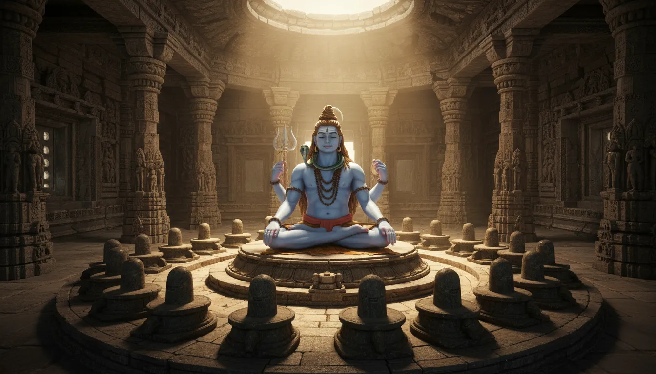 Lord Shiva meditating surrounded by numerous traditional Shiva Lingas, high-resolution 1080p.