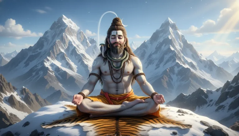 Lord Shiva sitting in deep meditation on a snow-capped Himalayan mountain peak.