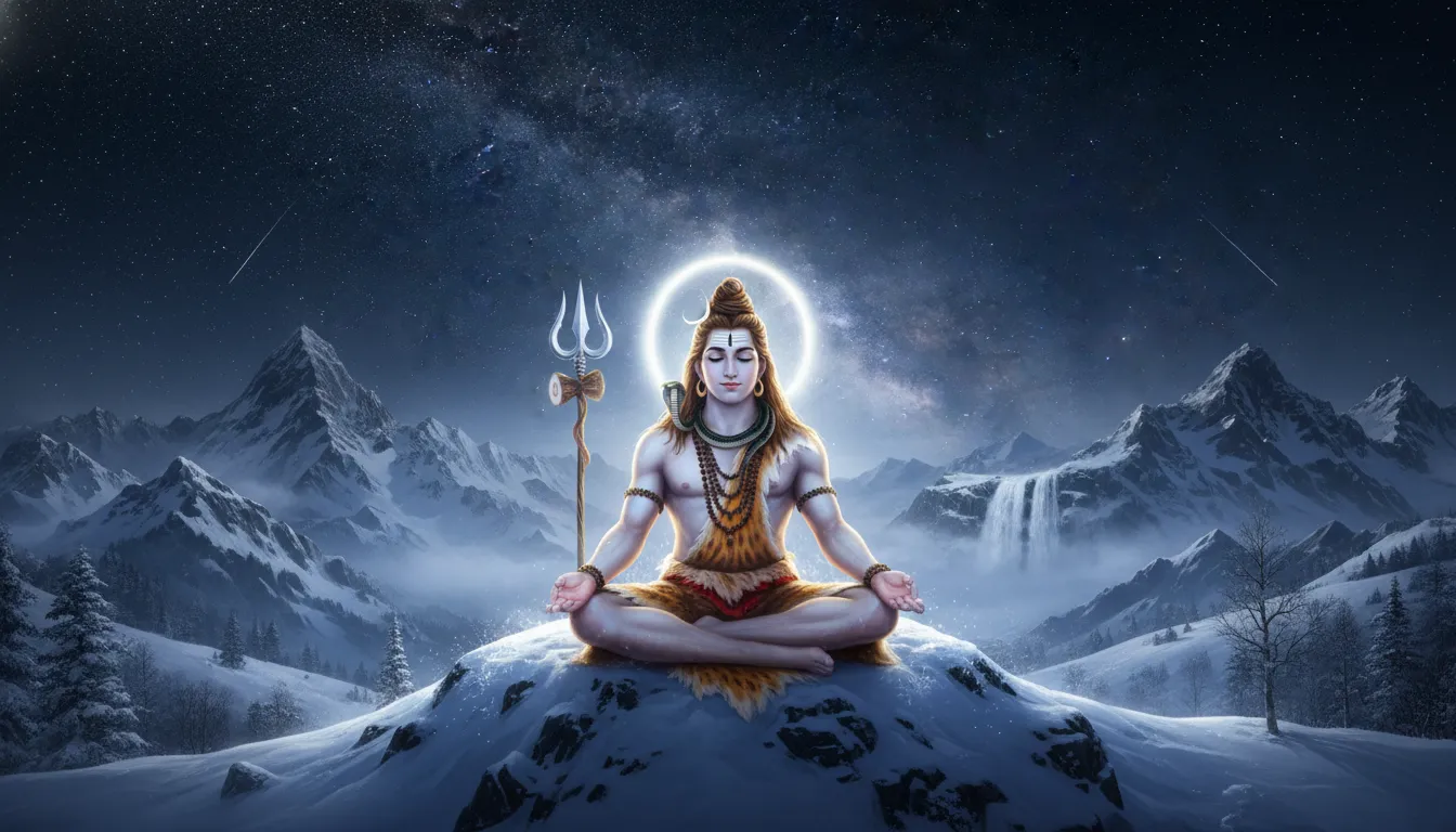 Lord Shiva sitting in meditation in snowy mountain landscape with stars and glowing light