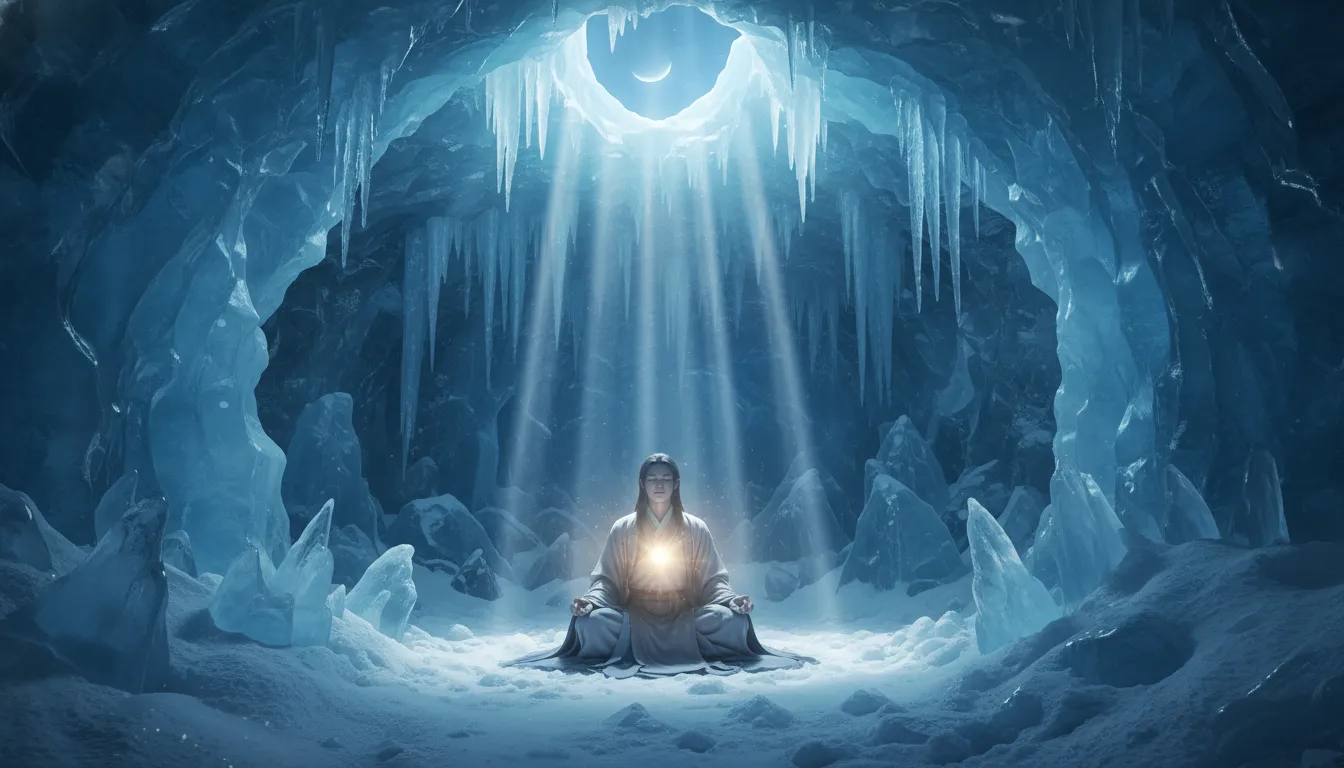 meditating figure in snowy cave with glowing chest and moonlight above