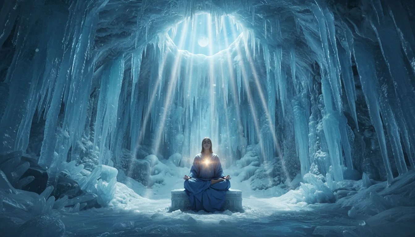 meditating figure in snowy cave with glowing chest and moonlight above