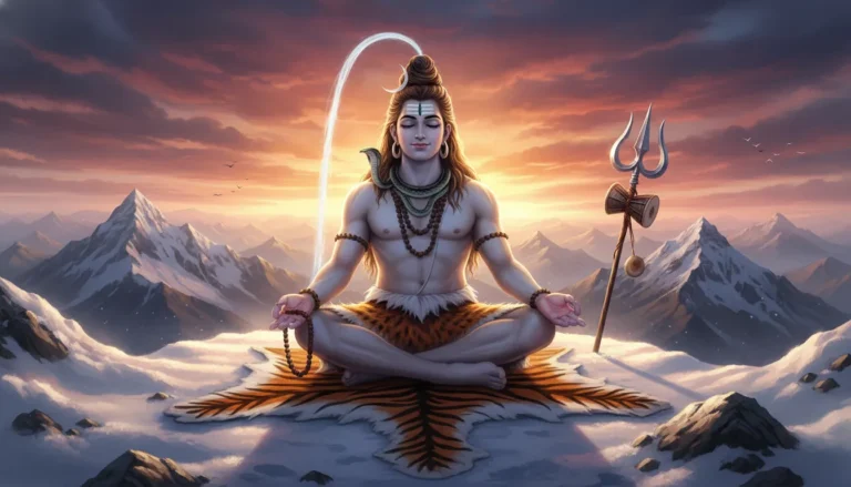 Lord Shiva meditating peacefully on snow-capped Mount Kailash with the Ganges flowing. High-definition spiritual image for WhatsApp DP.