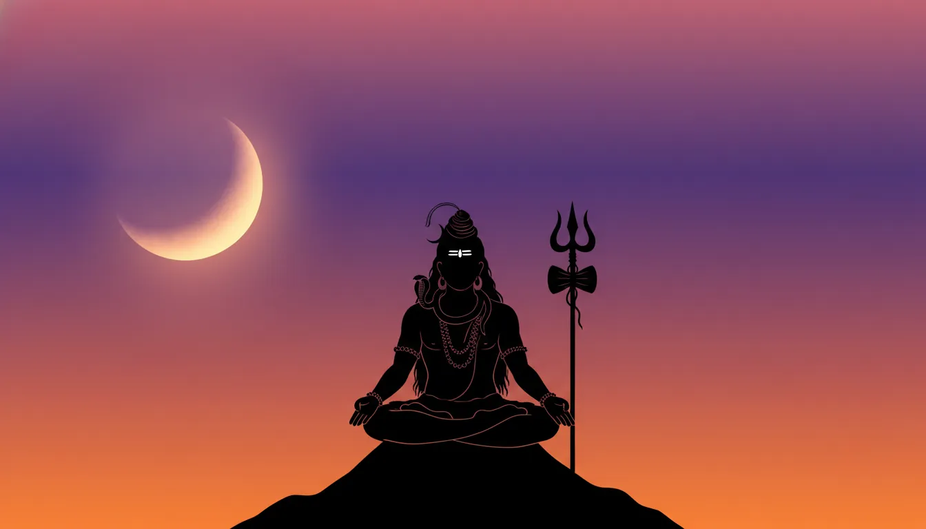 A simple yet powerful minimalist silhouette of Lord Shiva meditating on a mountain, against a colorful sunset. Aesthetic and clean DP.