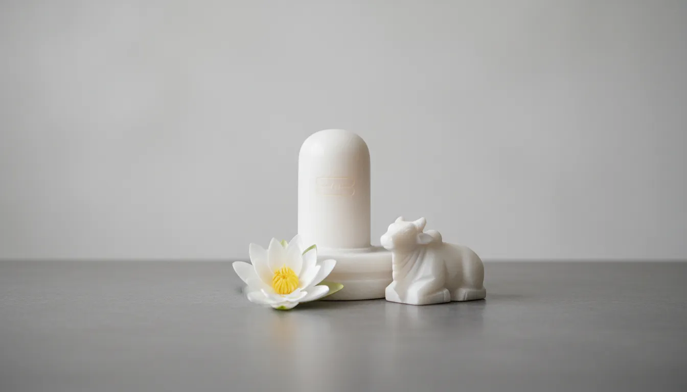 Clean and simple white marble Shiva Lingam and Nandi on a grey background.