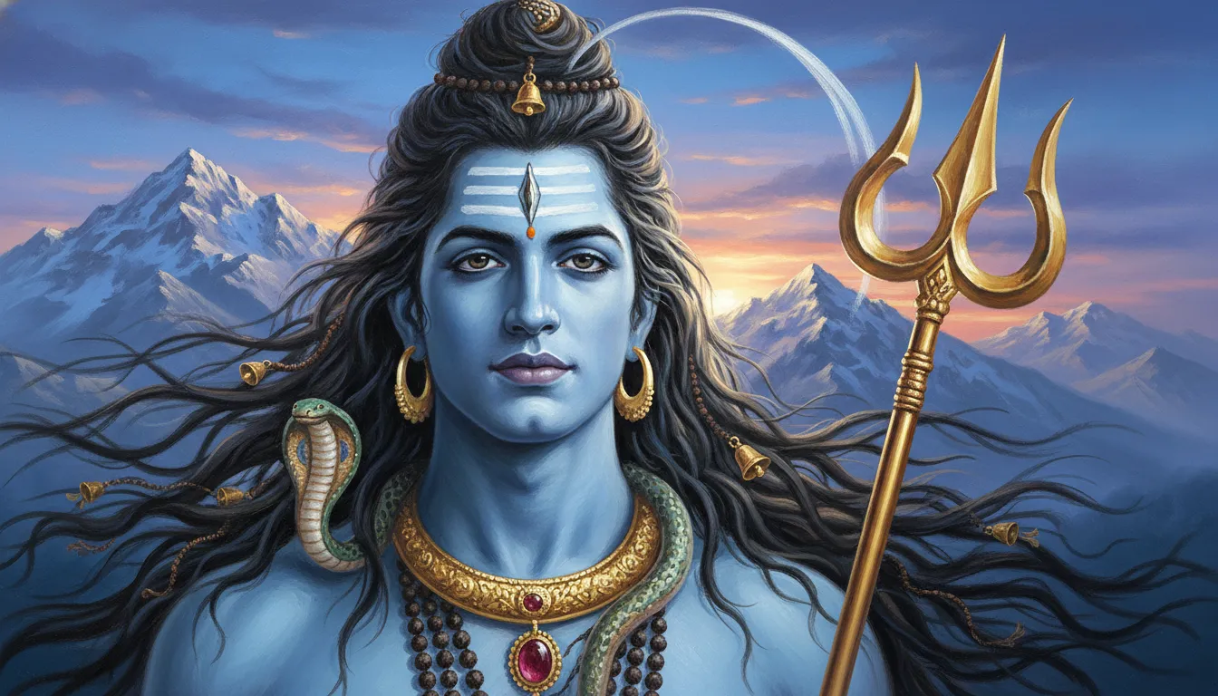 Blue-skinned Shiva portrait with long flowing hair and trident against snowy mountains.