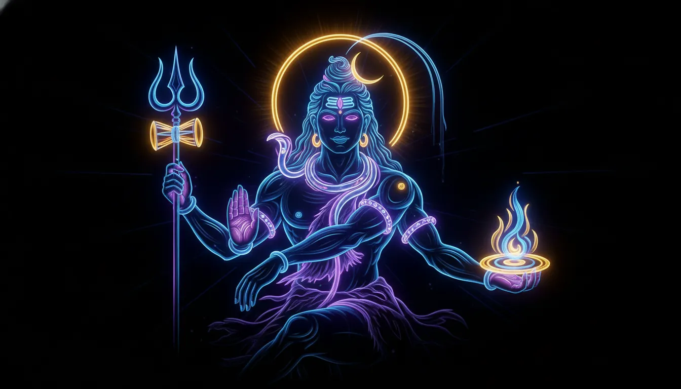 A modern and artistic representation of Lord Shiva created with vibrant neon lights and patterns.