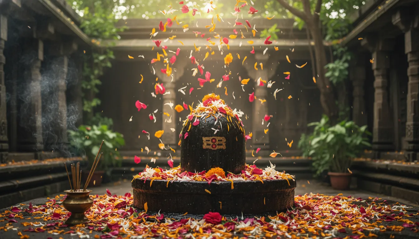 Shivalinga with flower petals raining down