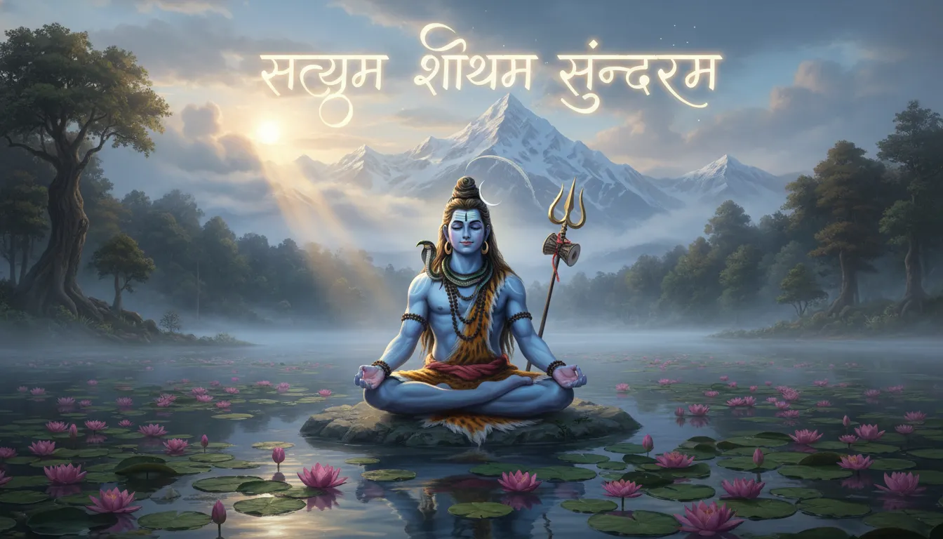 Lord Shiva meditating in a pond of lotuses with Hindi Suprabhat.