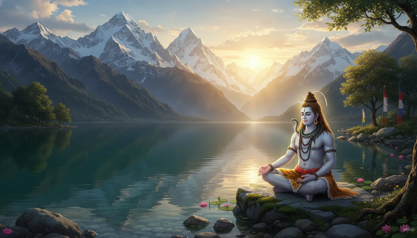 Lord Shiva sitting peacefully by the shore of a holy lake with mountains in the background, 1080p resolution.