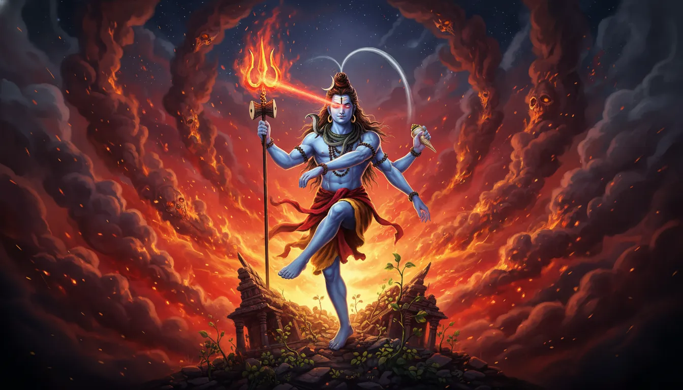 Lord Shiva holding trident with fire background intense divine energy