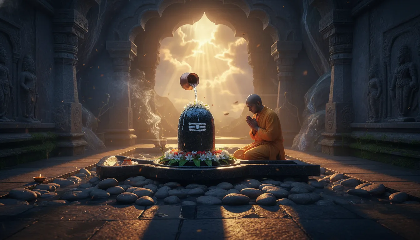 Shivalinga with flowing water from a lamp offering