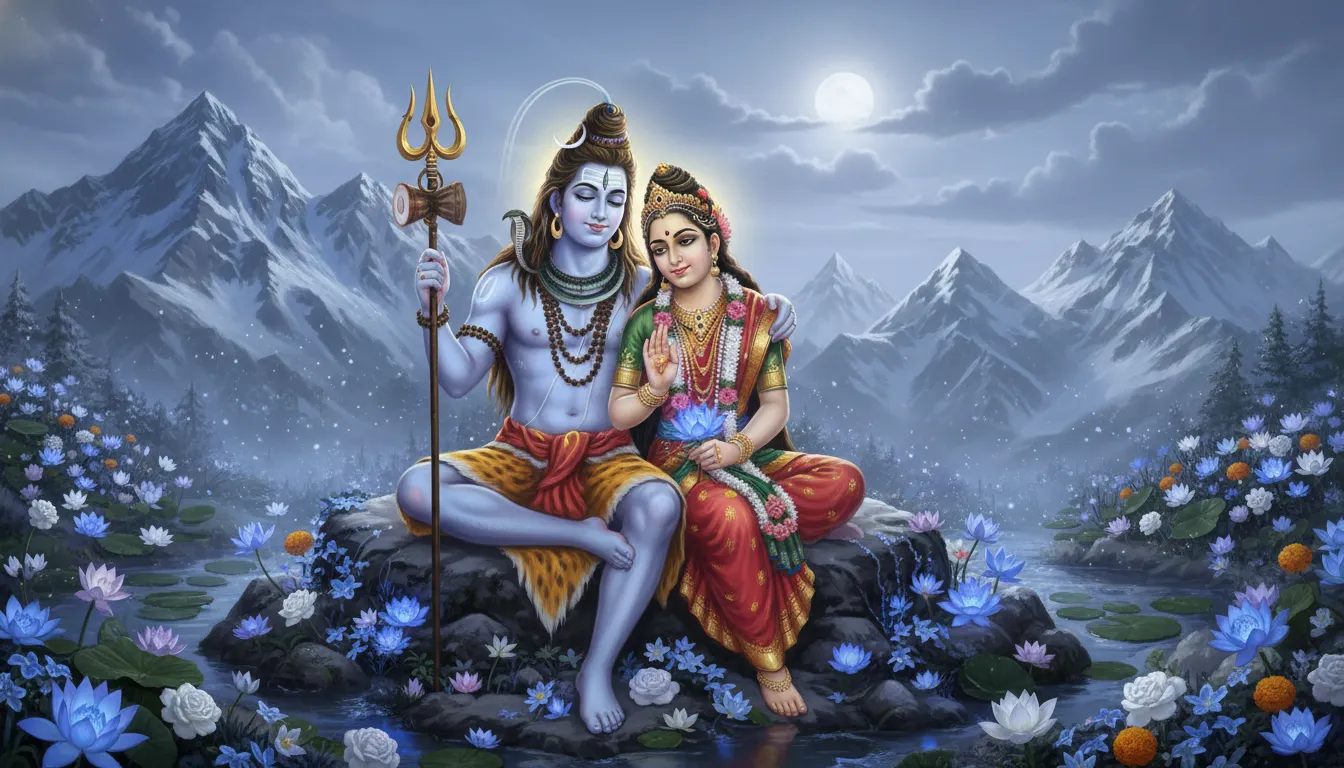 Lord Shiva and Parvati together in a peaceful divine love scene
