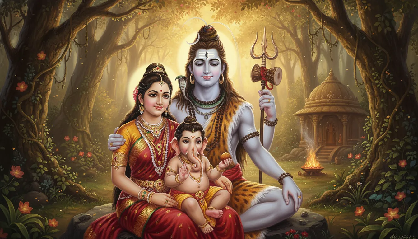Warm and devotional portrait of Lord Shiva, Goddess Parvati, and Lord Ganesha seated together, offering blessings. Family-oriented spiritual DP.