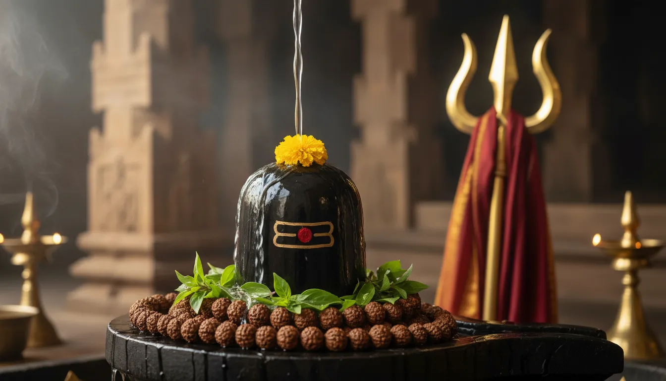 Shiva lingam with water pouring over it inside a temple with trident and beads