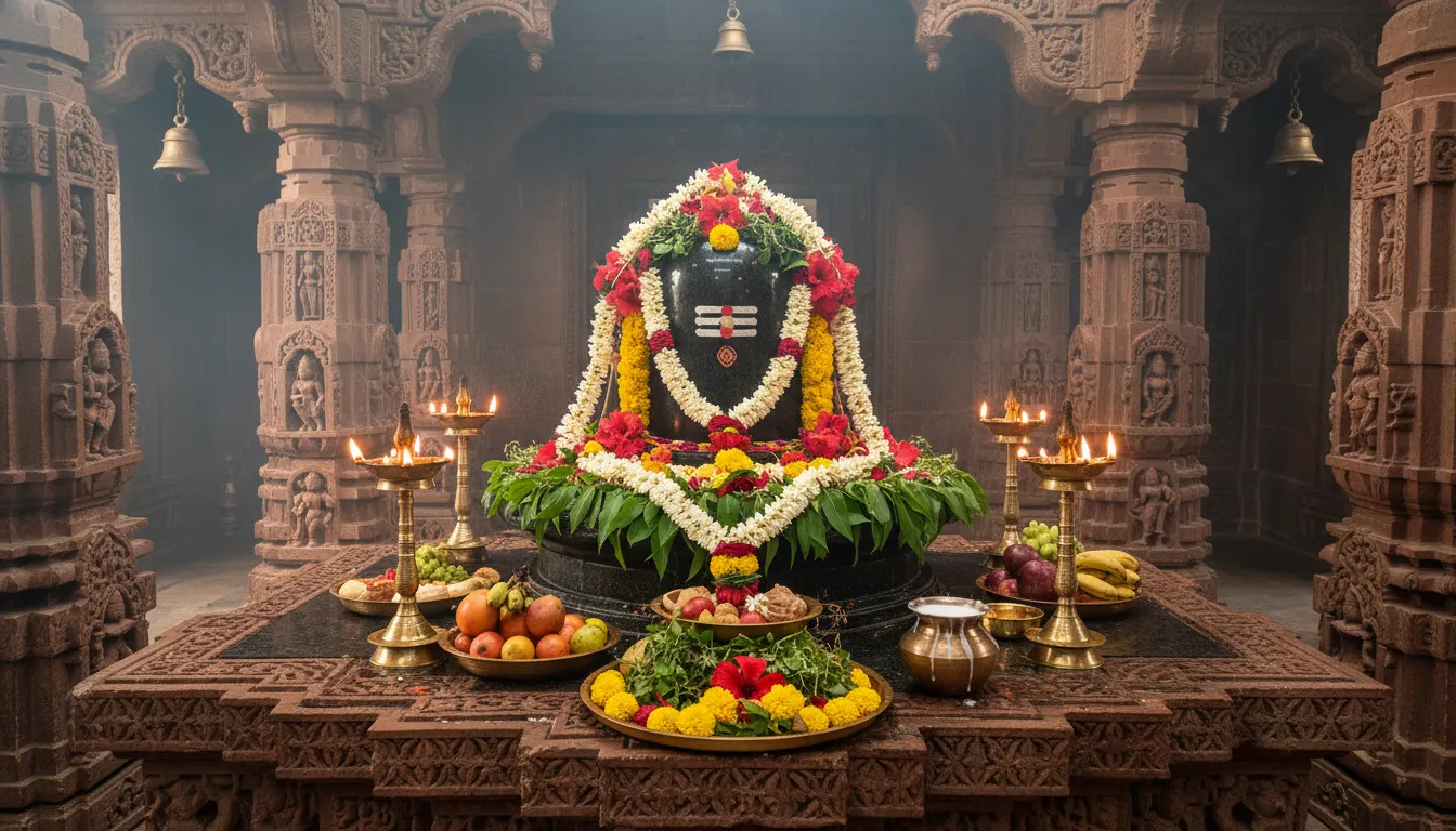decorated Shiva lingam with flowers and oil lamps in a temple interior