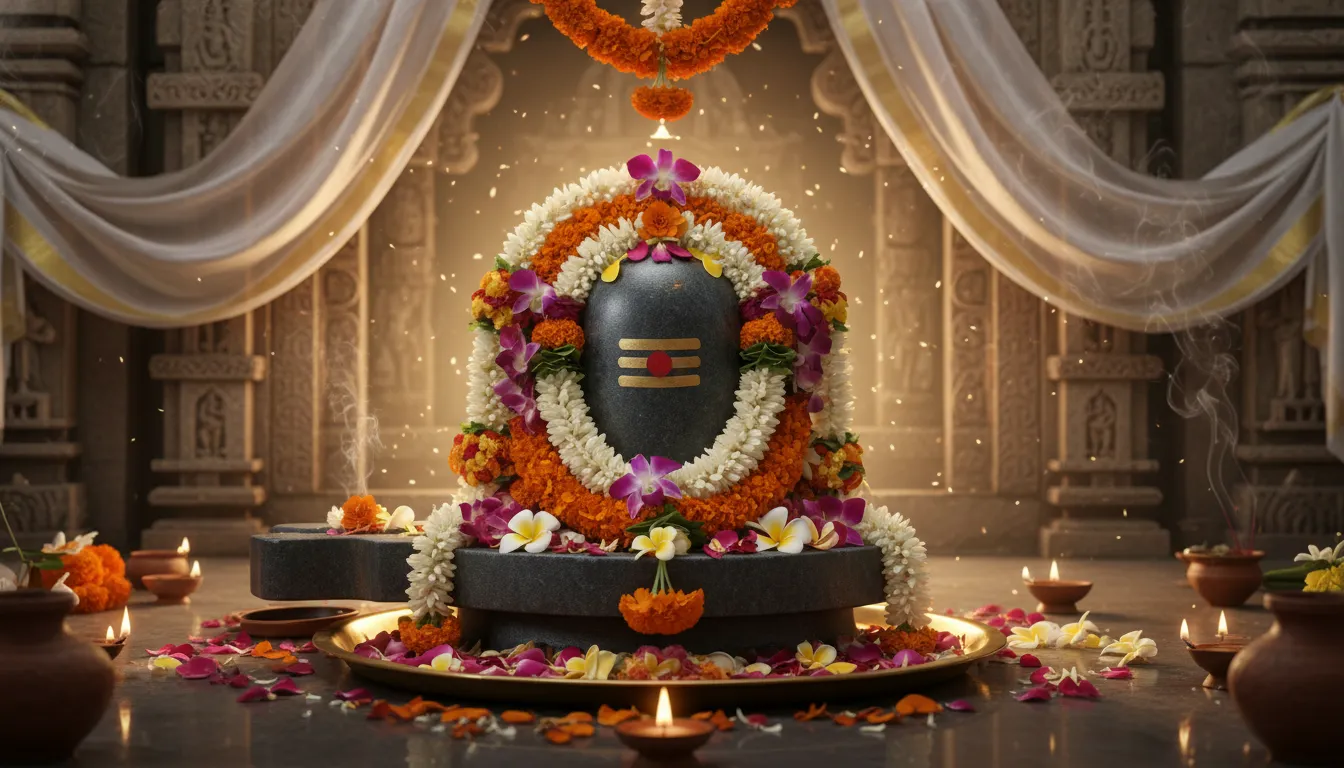 Shivalinga with flowers and petals offering