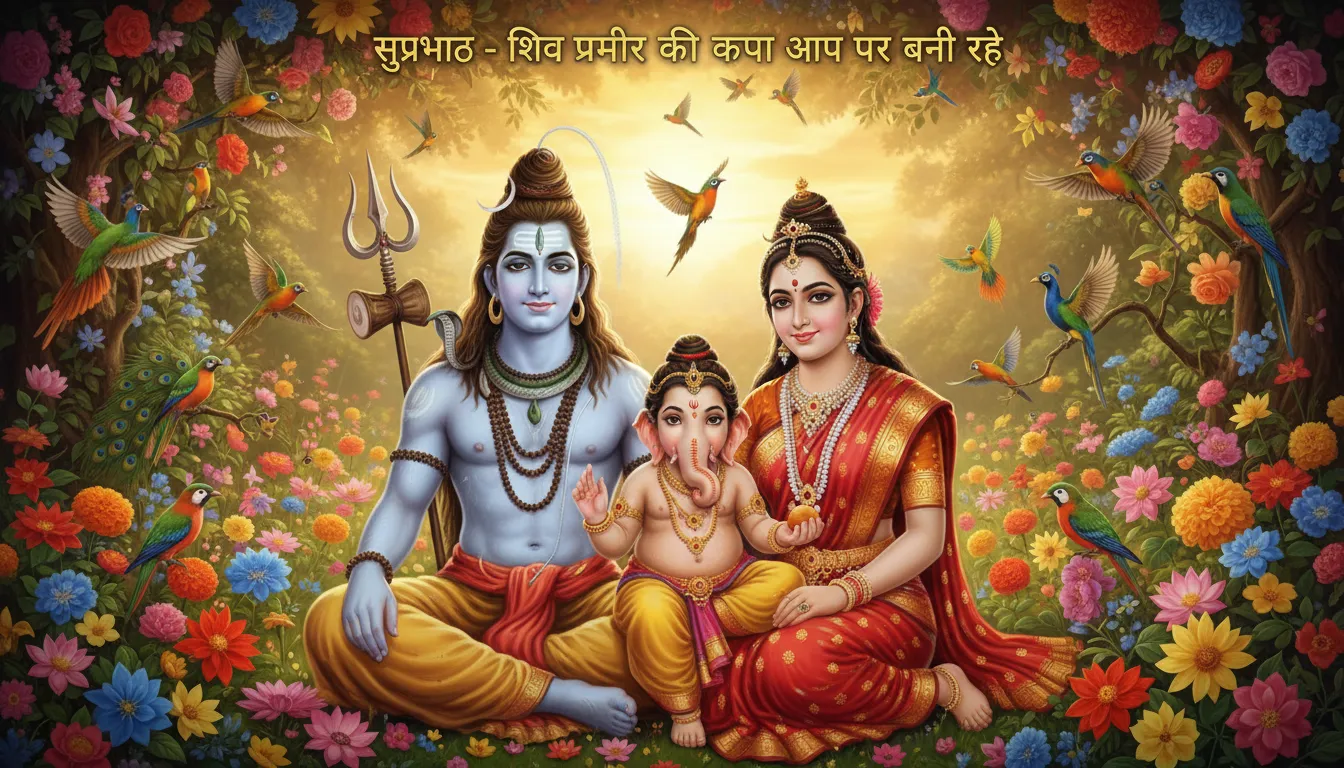Lord Shiva, Parvati, and Ganesha giving morning blessings in Hindi