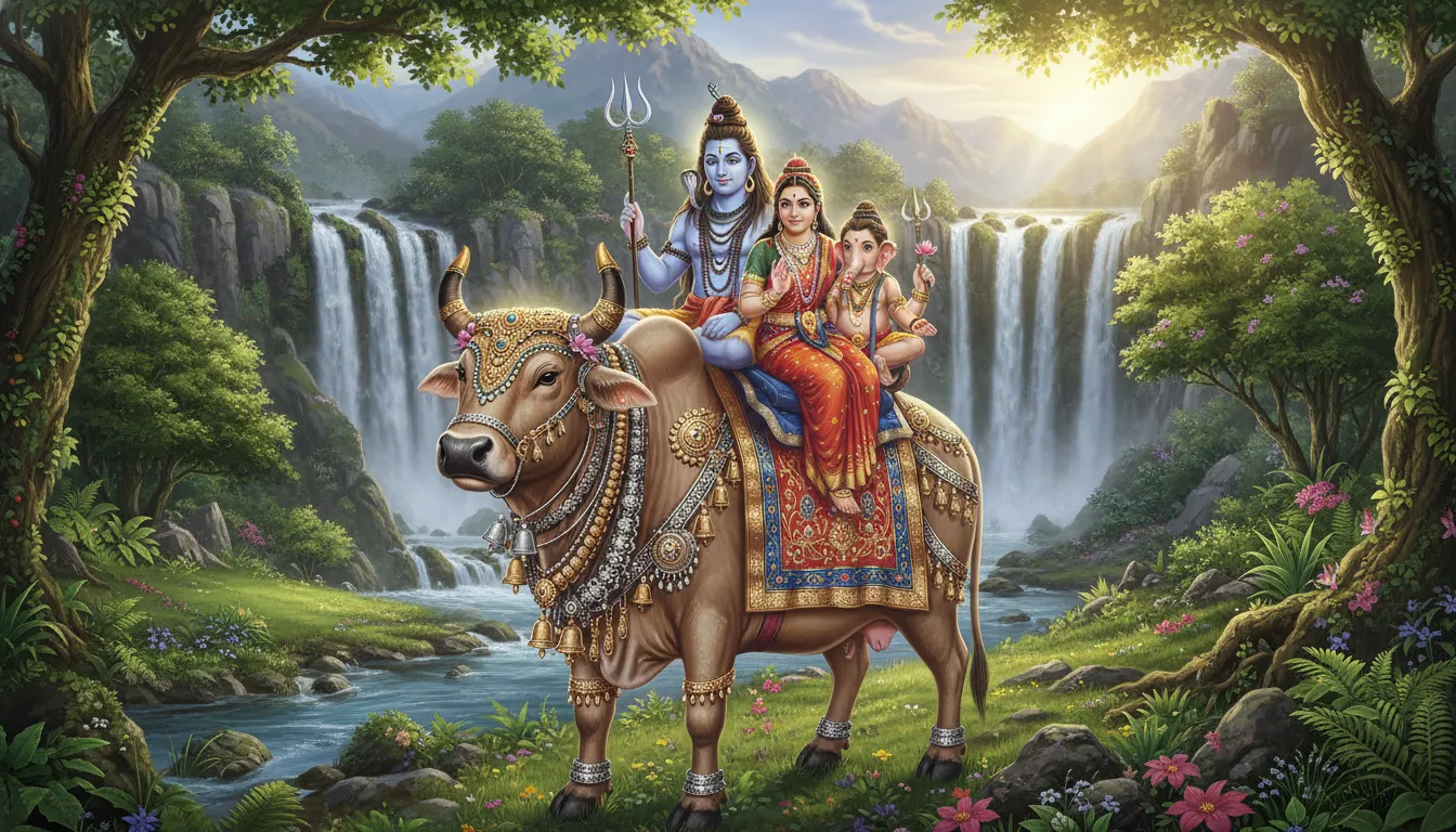 Lord Shiva family sitting on Nandi Bull with scenic mountain background.