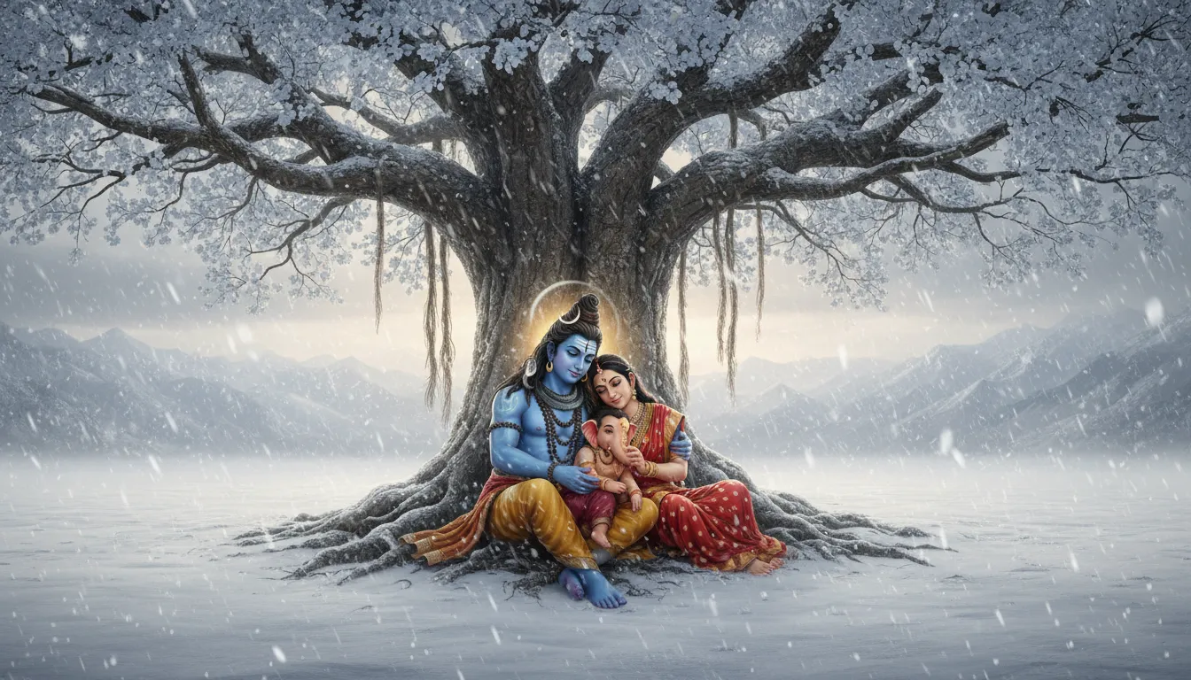 Lord Shiva family covered in light snow on Mount Kailash.