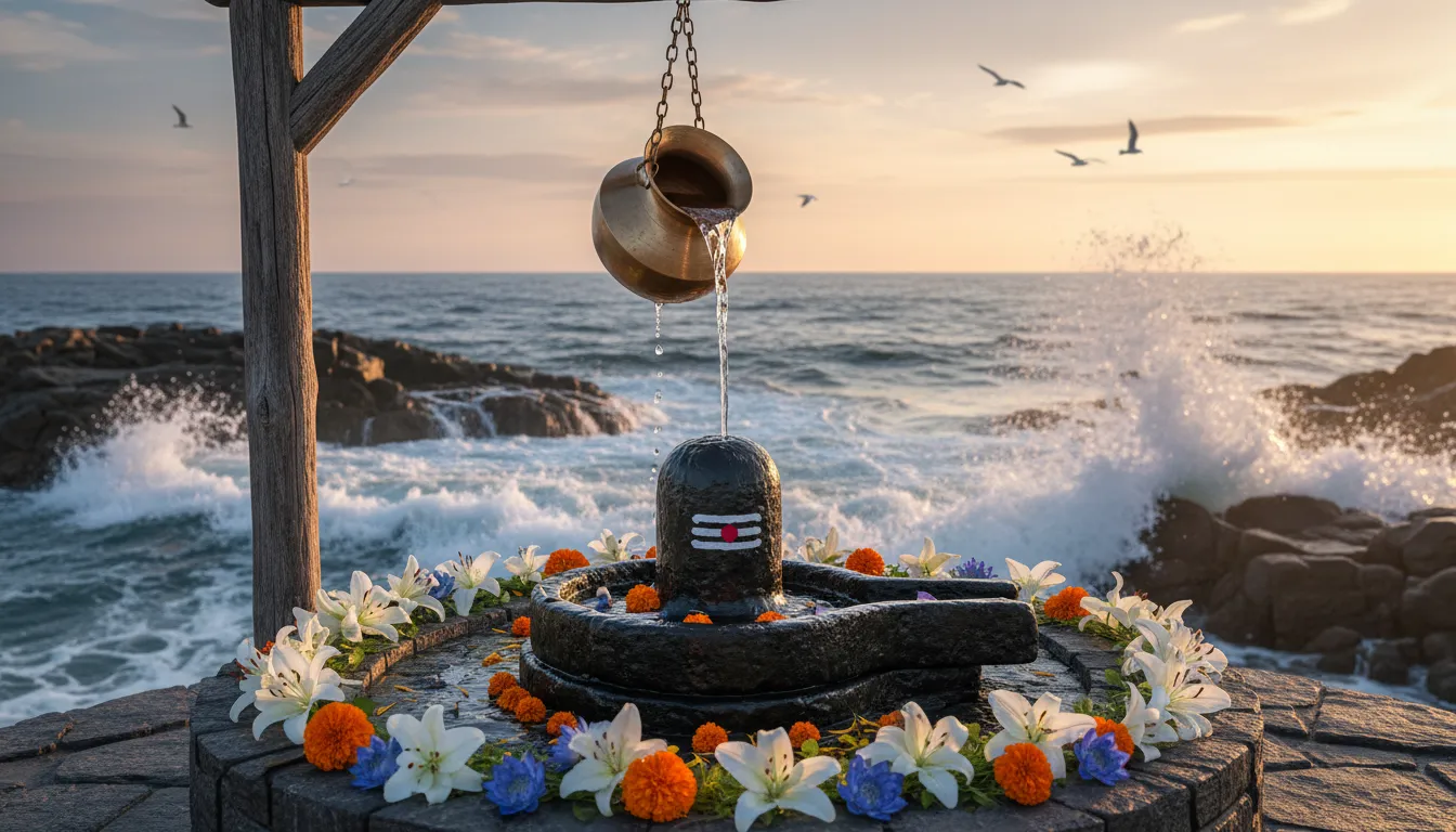 shiva lingam with water dripping from pot near ocean waves and flowers