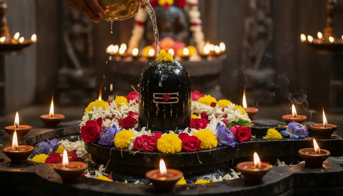 shiva lingam with water pouring and marigold flowers surrounded by diya lamps