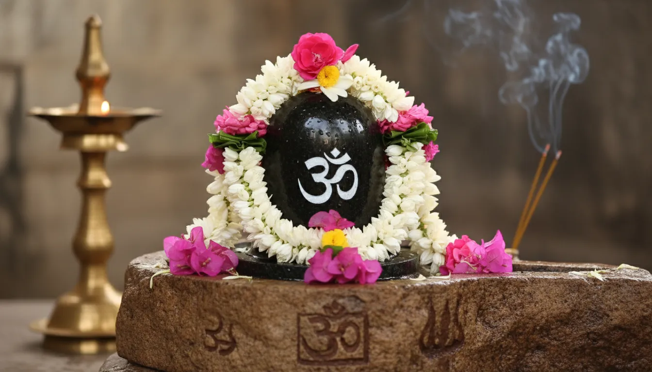 close up shiva lingam decorated with white flowers and pink roses on stone base