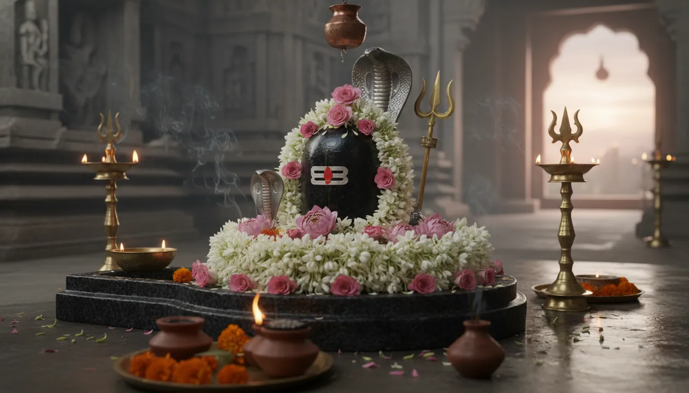 shiva lingam decorated with white flowers and pink roses in temple setting