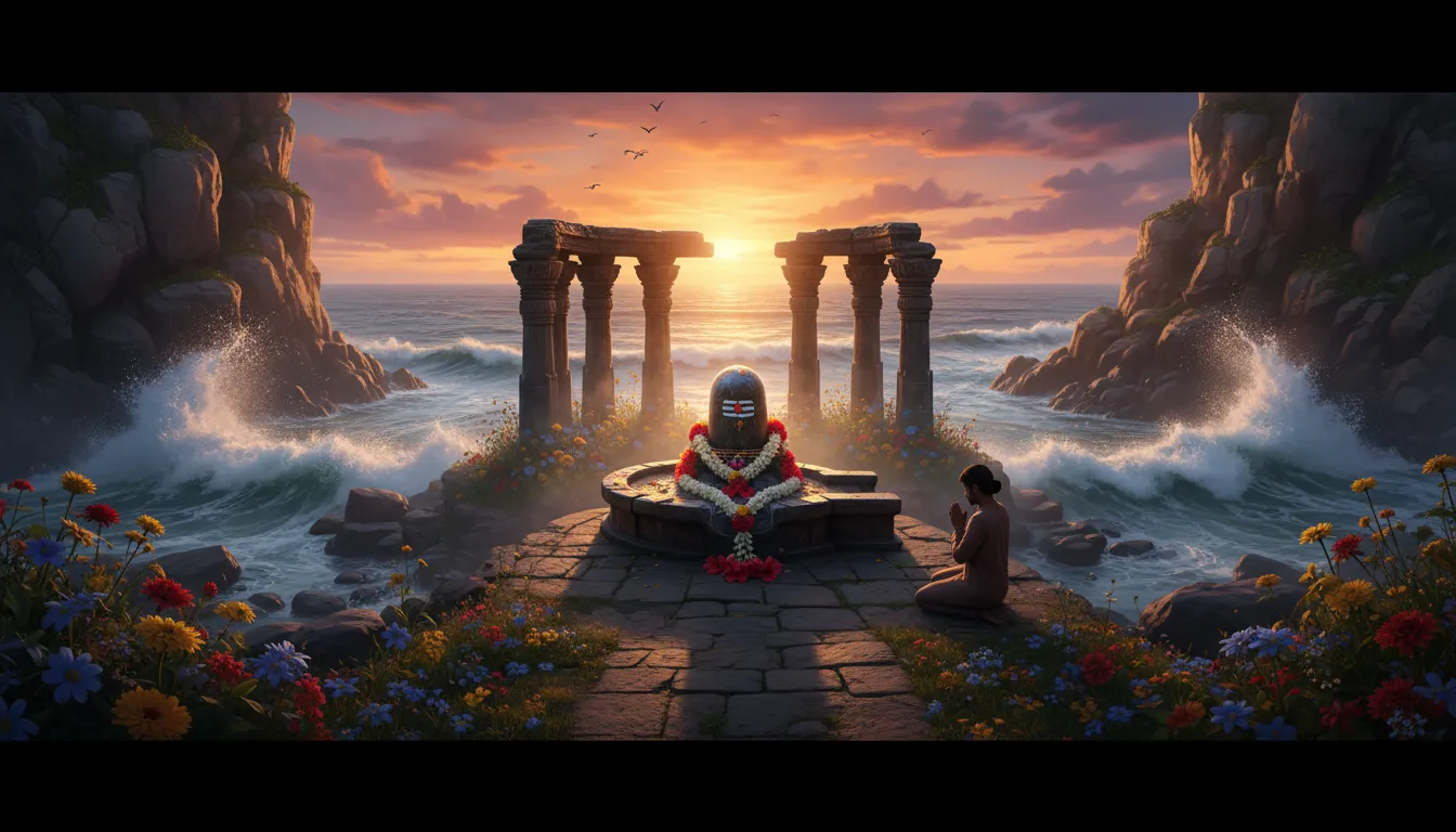 shiva lingam near ocean waves with flowers and temple pillars background