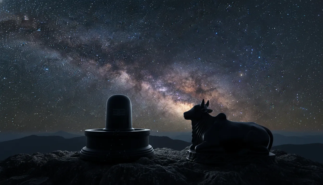 Wide-angle shot of Shiva Lingam and Nandi with the Milky Way galaxy in the background.