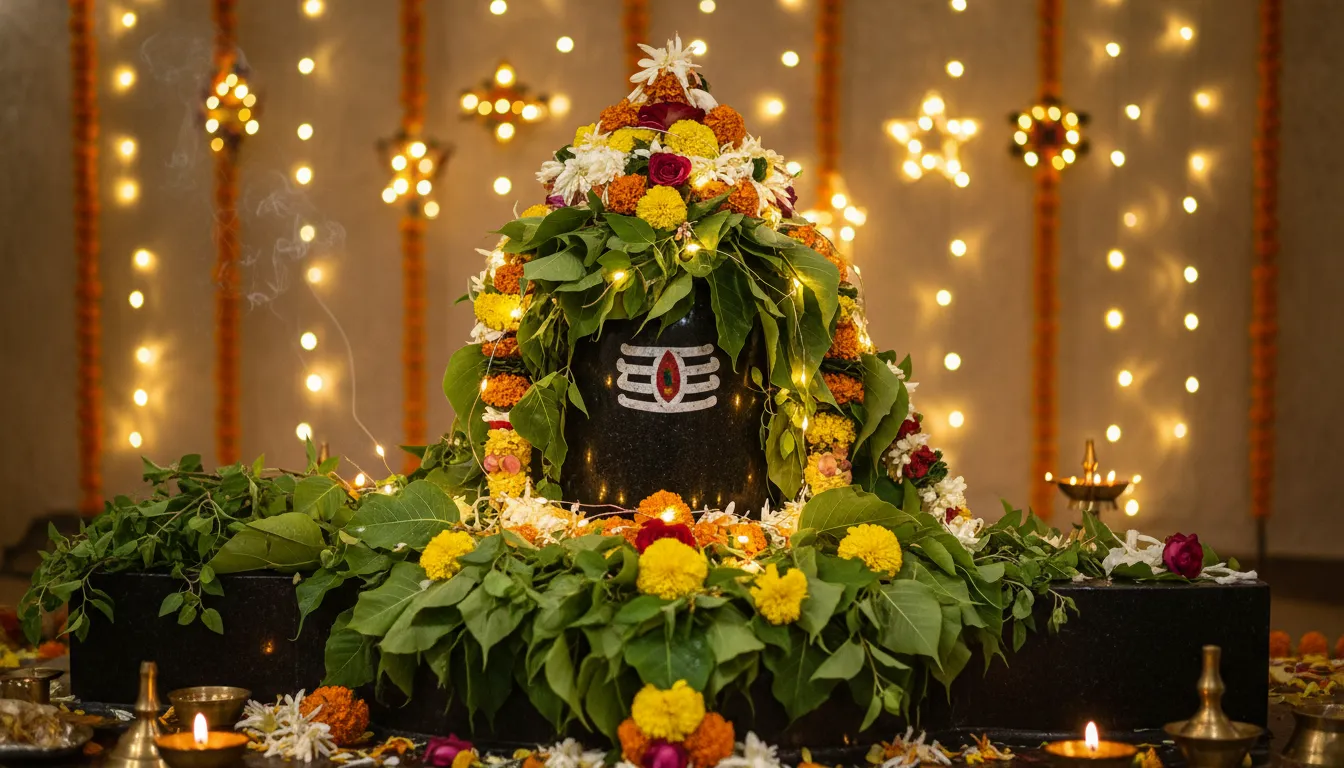 shiva lingam covered with green leaves and flowers with lights in background
