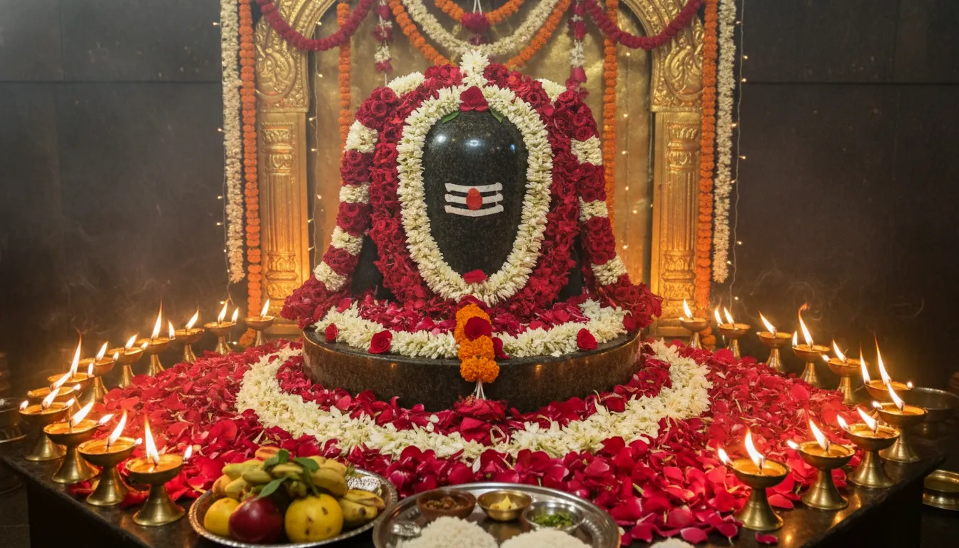 shiva lingam decorated with red and white garlands and surrounded by petals