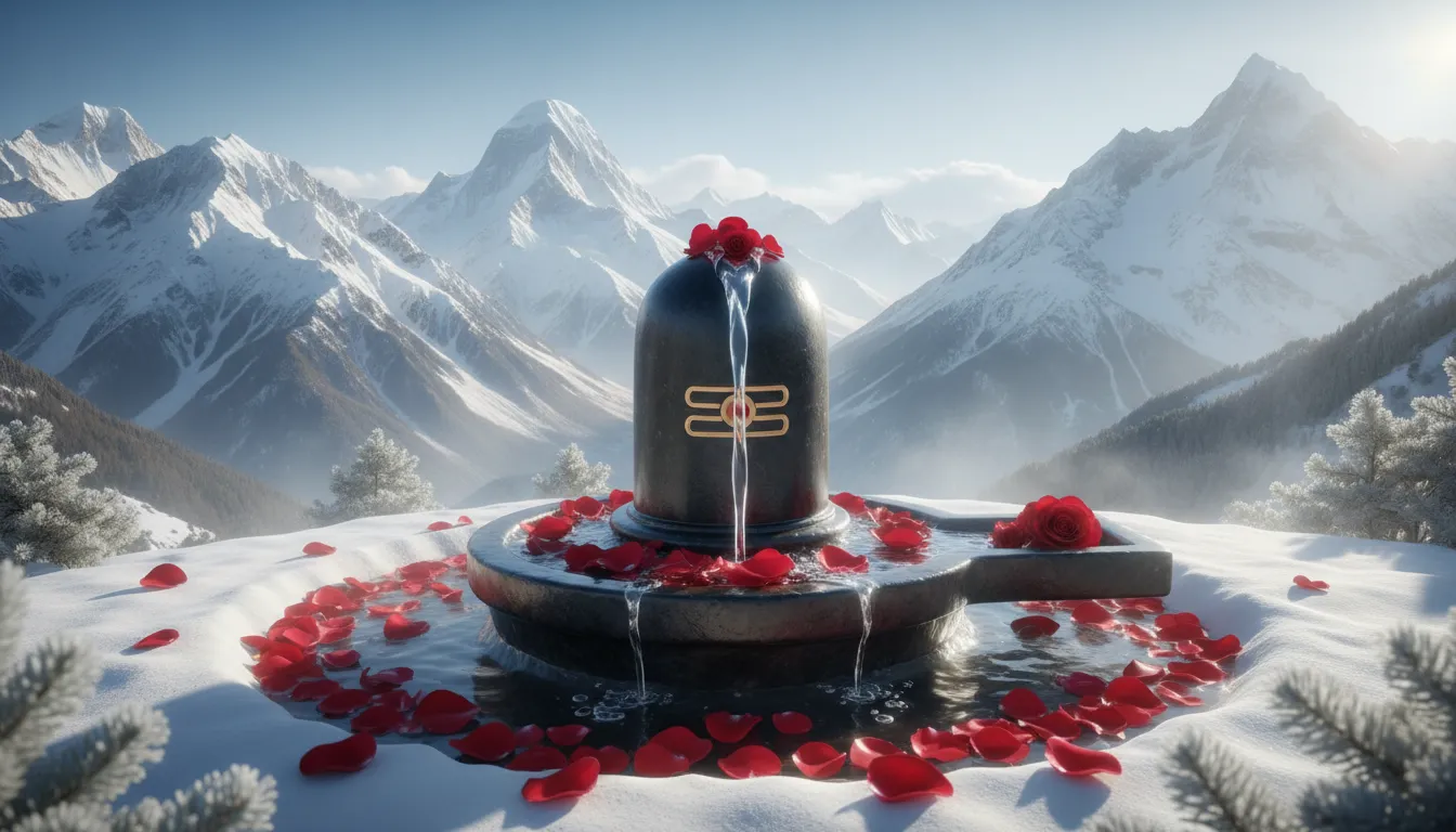 shiva lingam with falling rose petals and water in front of snowy mountains