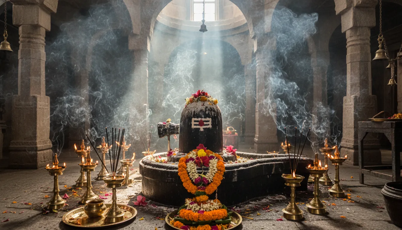shiva lingam covered with ash and flowers inside temple with diya lamps