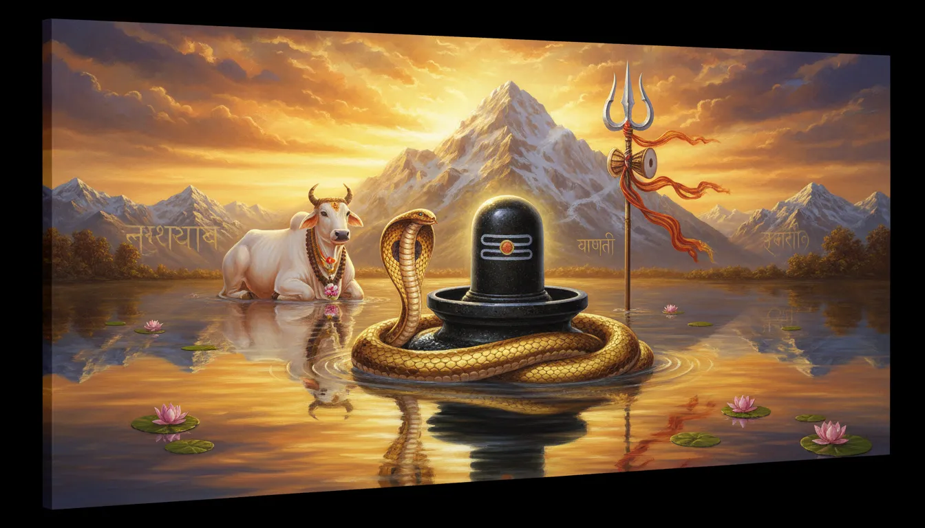 Shiva lingam beside a snake, bull, trident, mountains, and glowing water scenery.