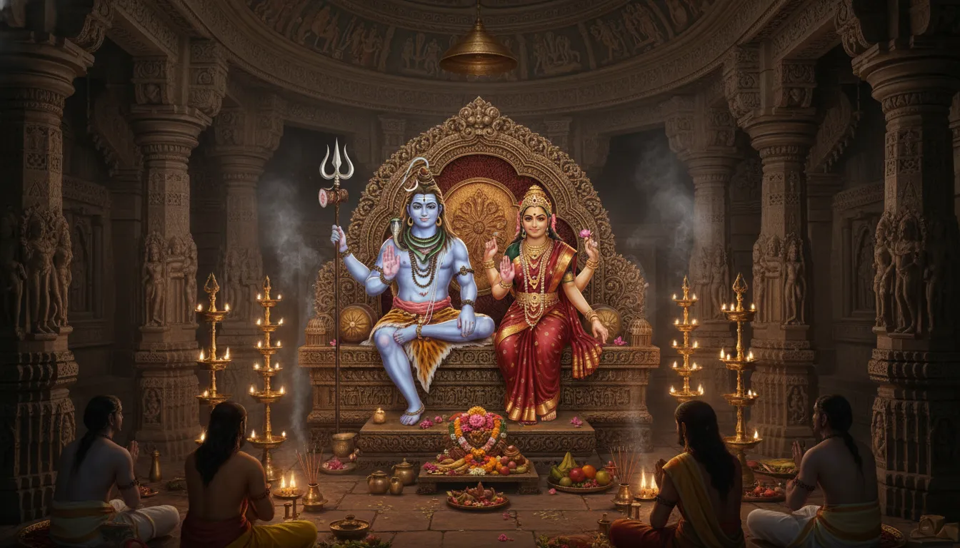 Lord Shiva and Parvati giving blessings in a divine temple scene