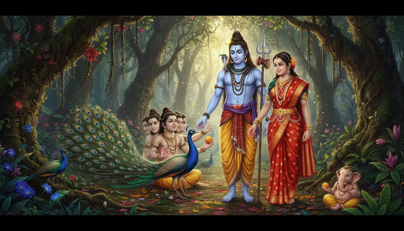 Lord Shiva family in a beautiful ancient forest setting in high resolution.