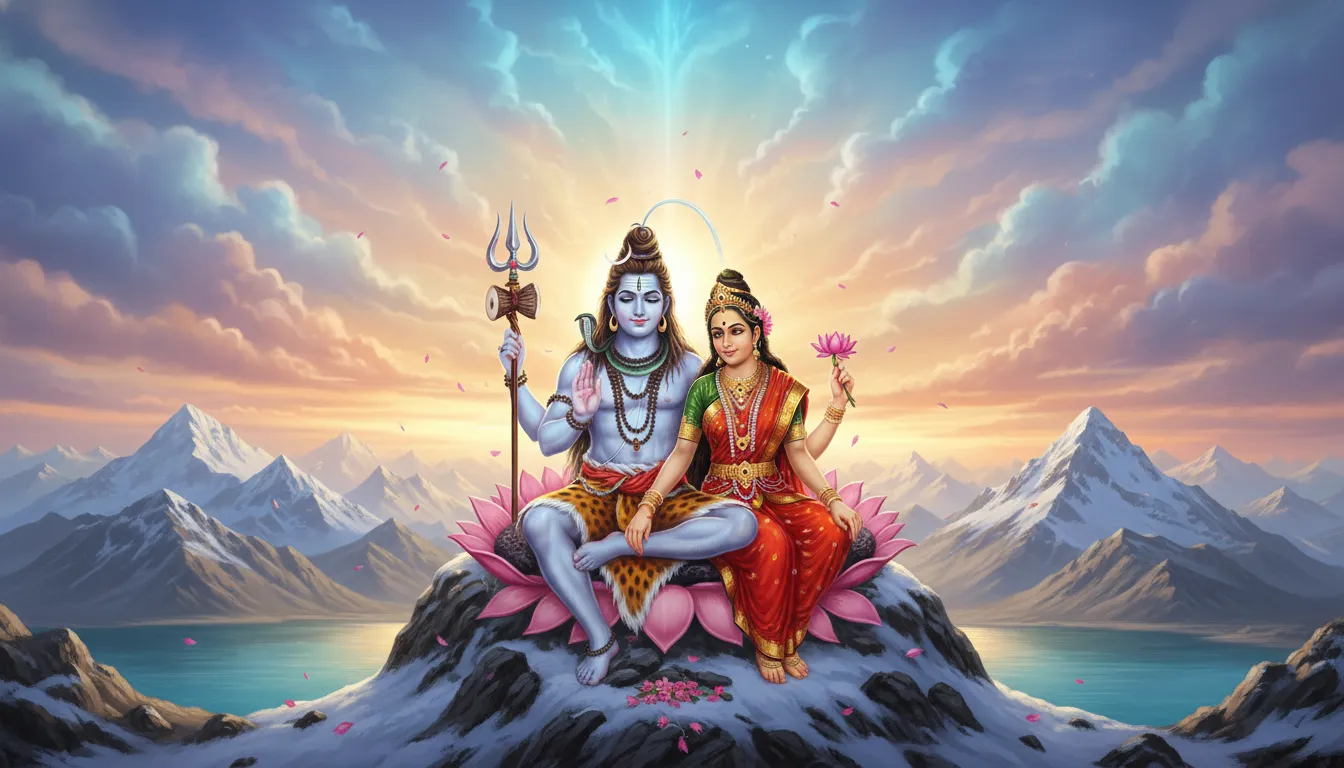 Lord Shiva and Parvati wallpaper with divine mountain background