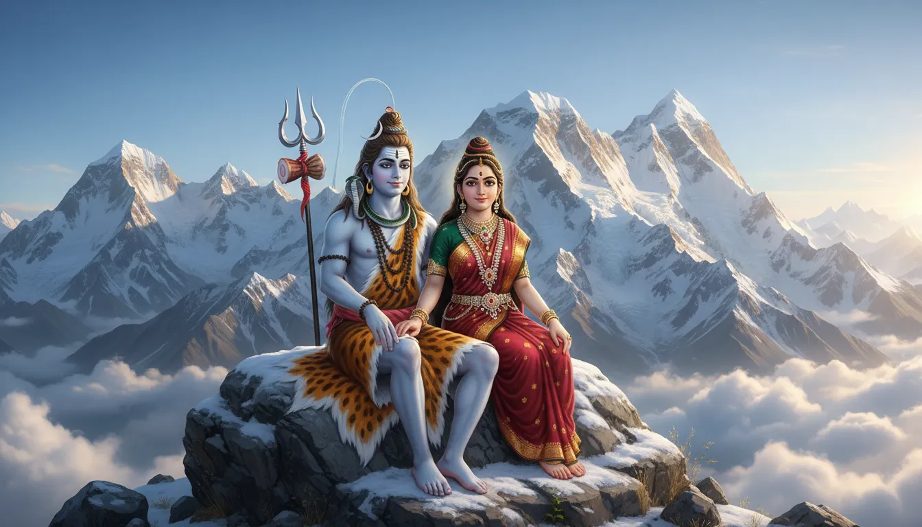 Lord Shiva and Goddess Parvati sitting together peacefully on Mount Kailash.