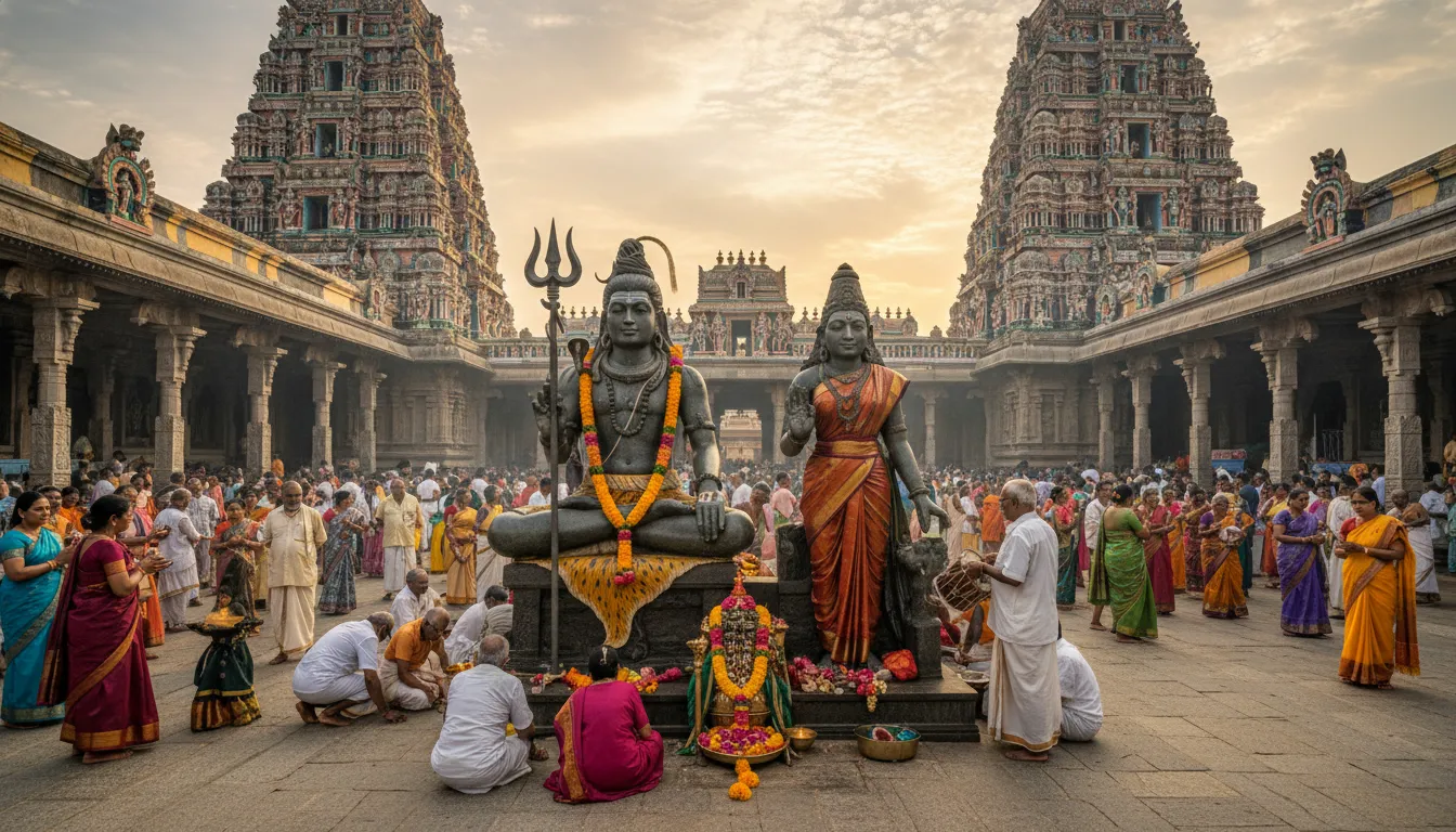 Shiva Parvati statue temple with devotees spiritual Hindu temple view