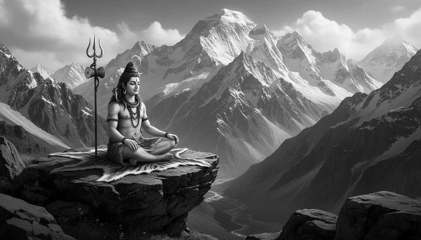 Lord Shiva sitting atop Mount Kailash in a peaceful black and white landscape.