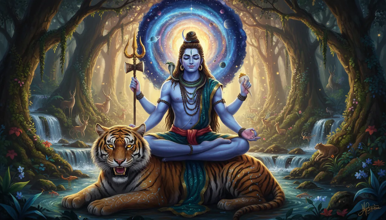 Lord Shiva sitting on tiger green nature fantasy artwork